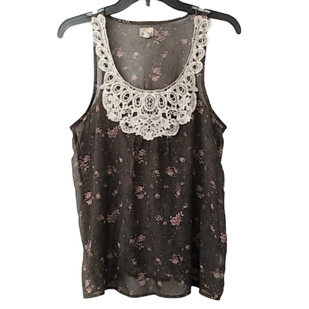 6/$25 MUDD Sheer Brown & Pink Floral Sleeveless Blouse
